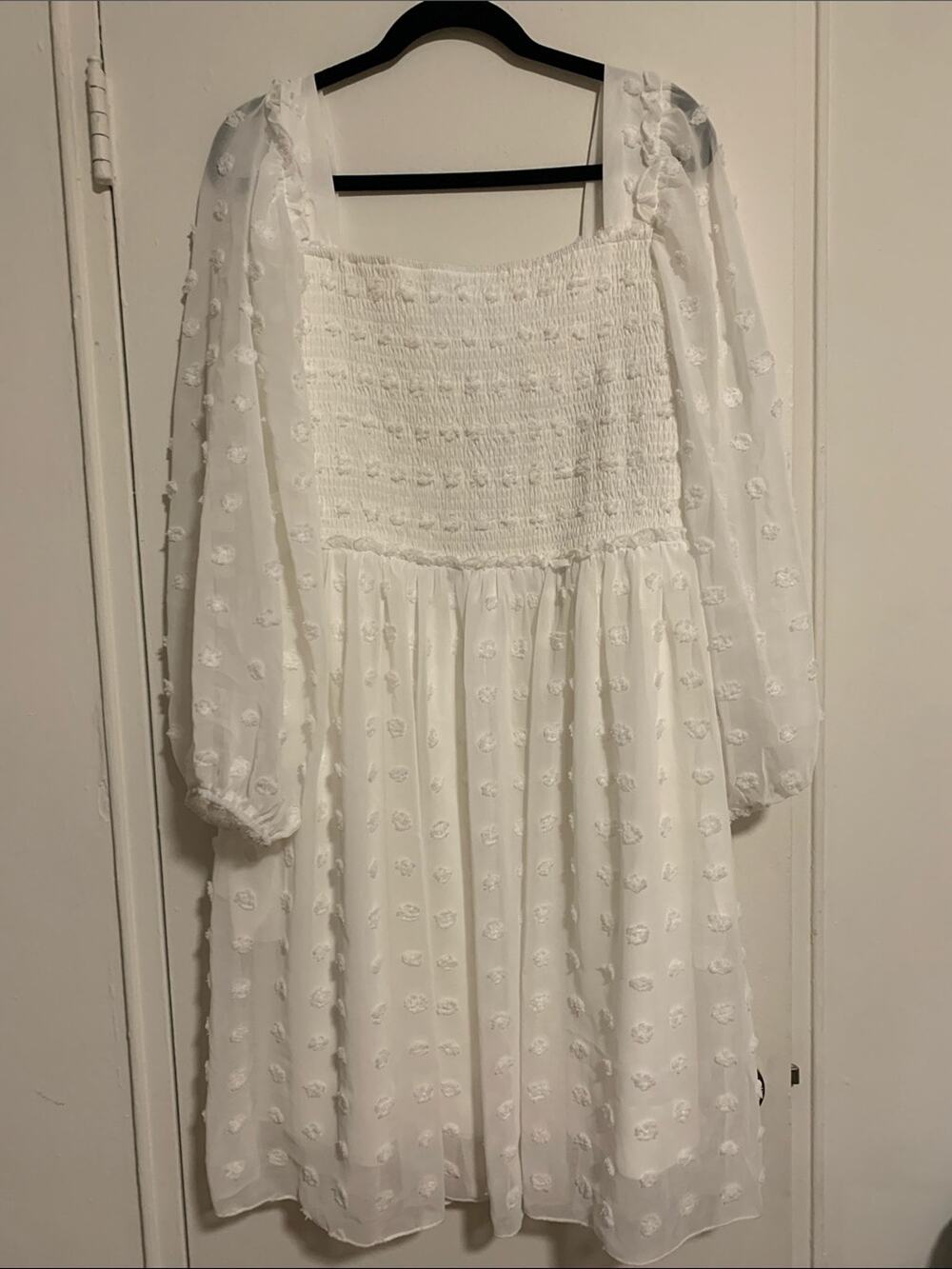 White Swiss-Dot Smocked Midi Dress with Sheer Puff Sleeves